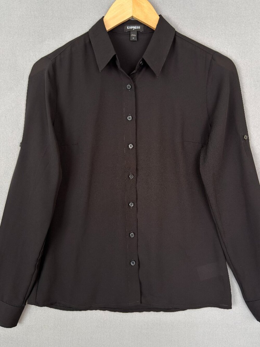 Express Women's Shirt XS Black Button Up Blouse Roll Tab Sleeve Semi Sheer